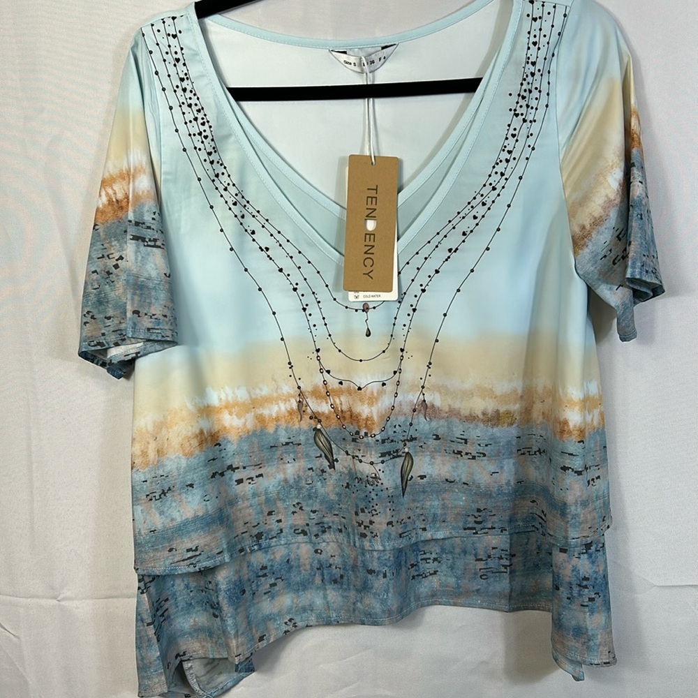 Tendency Layered Blue Feather Top Size Small New